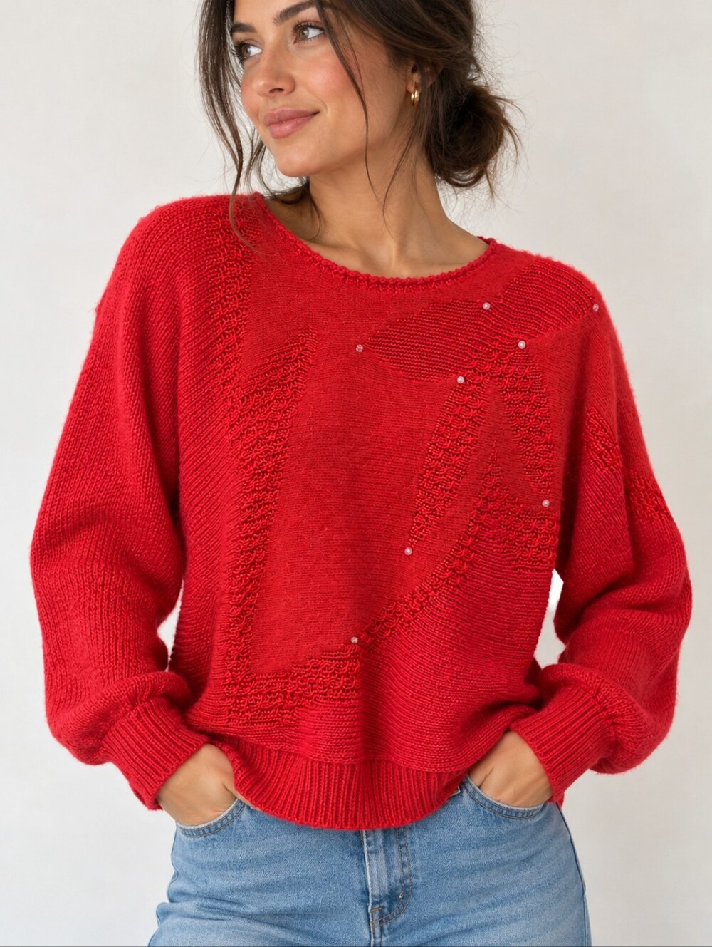 Franco Valeri Red Mixed Knit Embellished Sweater Size L